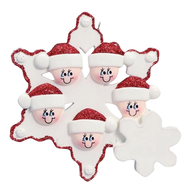 White snowflake ornament with five smiling faces wearing red Santa hats for Christmas tree decoration