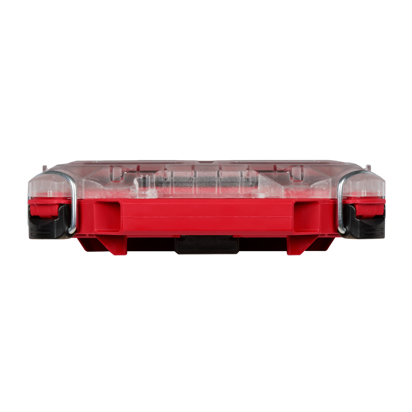 Slim red and clear Milwaukee PACKOUT organizer with multiple removable compartments for tool storage and workshop use