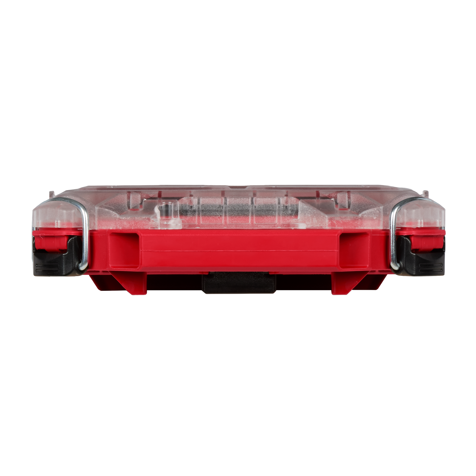 Slim red and clear Milwaukee PACKOUT organizer with multiple removable compartments for tool storage and workshop use
