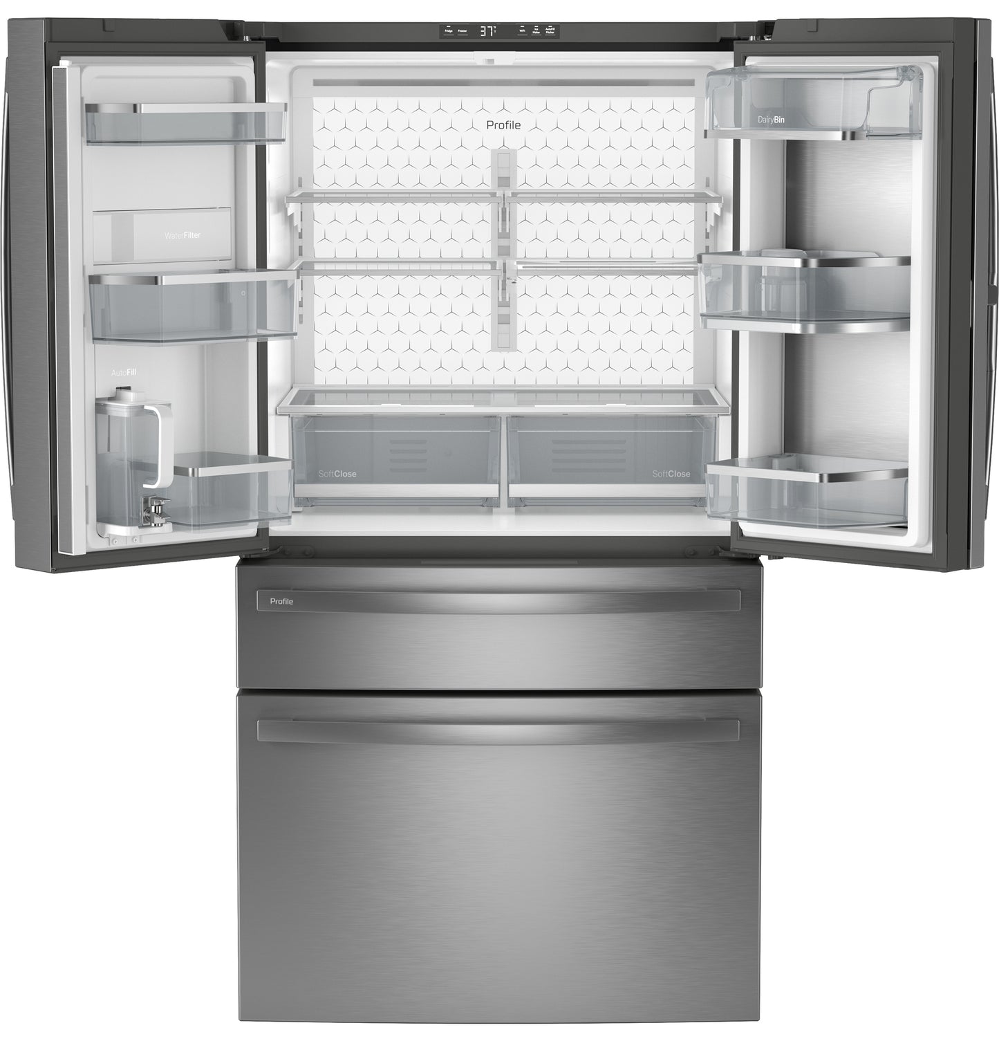 Open 4-door fingerprint resistant stainless steel refrigerator showing adjustable shelves and spacious door storage in kitchen appliances collection