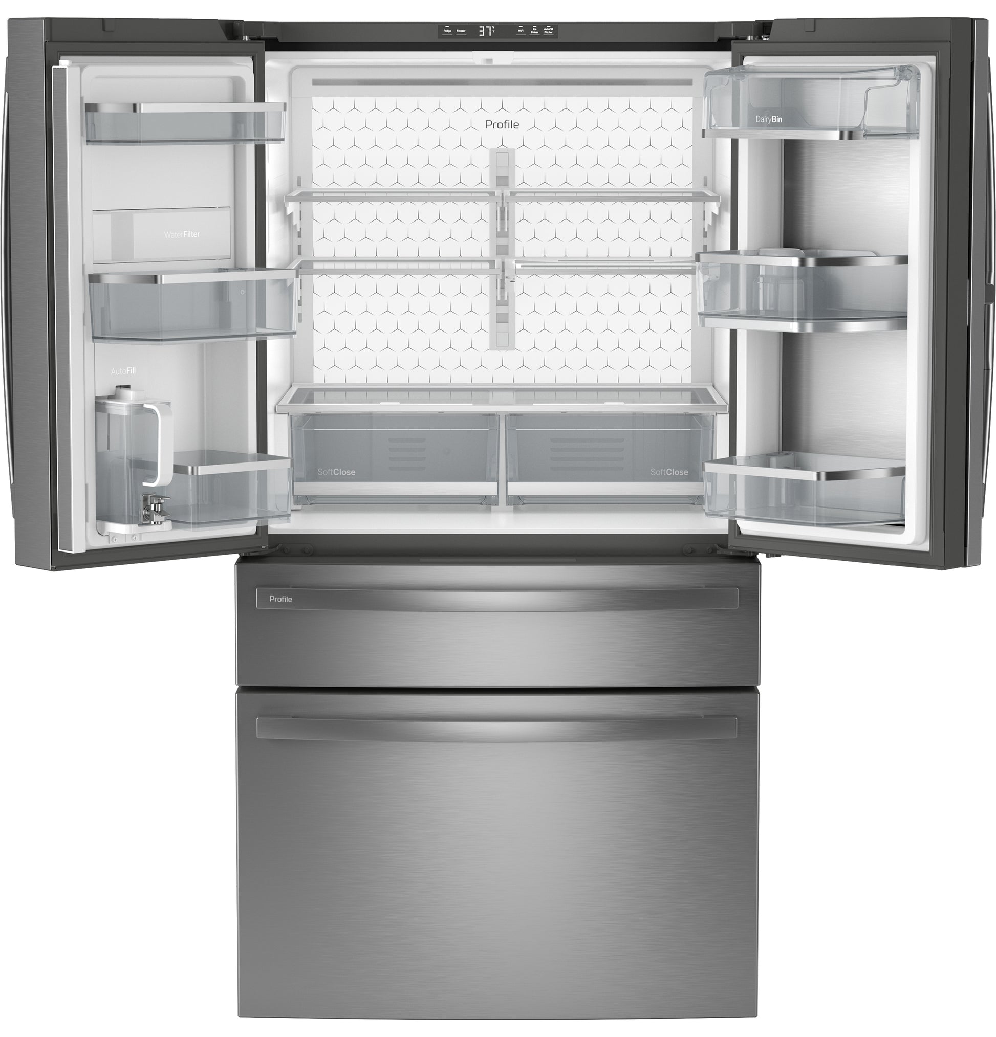 Open 4-door fingerprint resistant stainless steel refrigerator showing adjustable shelves and spacious door storage in kitchen appliances collection