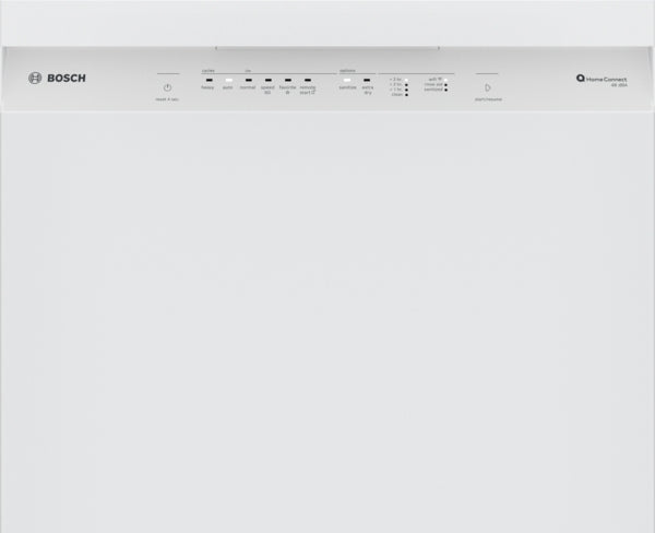 Front view of white Bosch 24-inch dishwasher with control panel and Home Connect from Kitchen & Kitchenware collection
