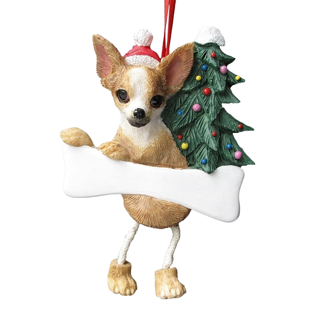 Small tan and white Chihuahua ornament with Santa hat holding blank sign and decorated Christmas tree with dangling legs