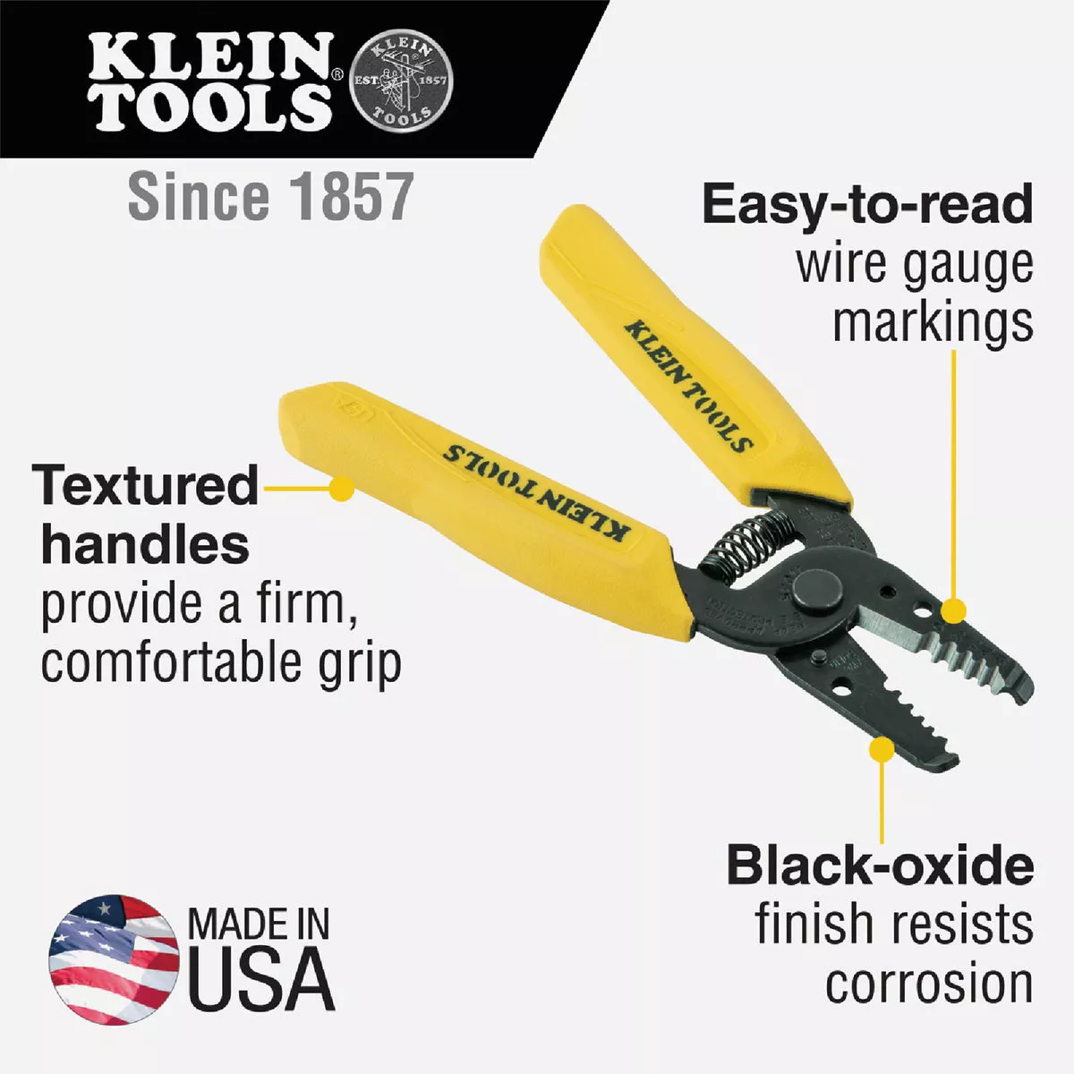 Yellow-handled wire stripper with textured grips, black-oxide finish, and clear wire gauge markings for electrical hand tools collection