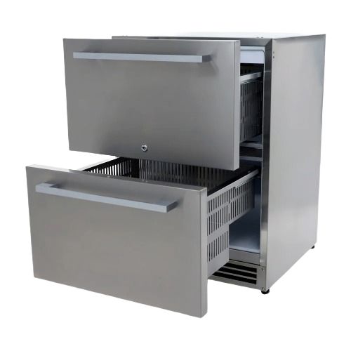Indoor/outdoor stainless steel undercounter refrigerator with two spacious pull-out drawers in kitchen appliances collection