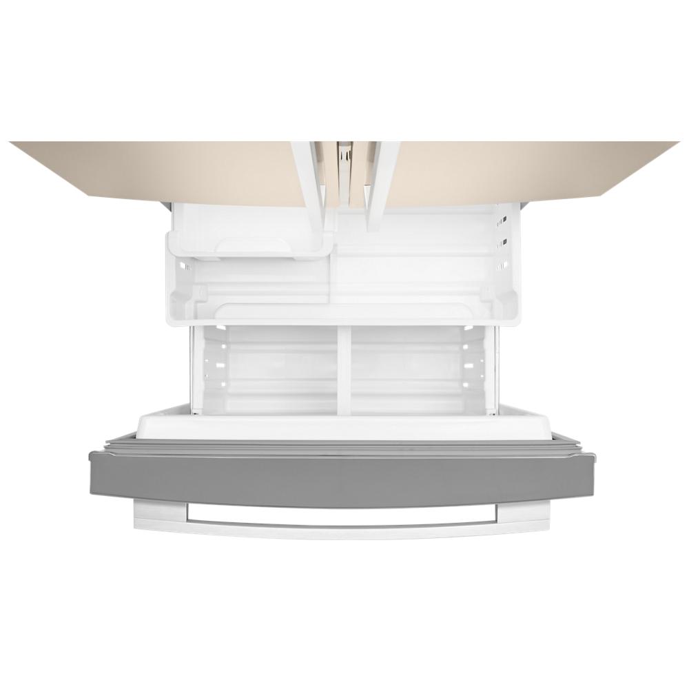 Open bottom freezer drawer with adjustable storage compartments in French door refrigerator from kitchen appliances collection