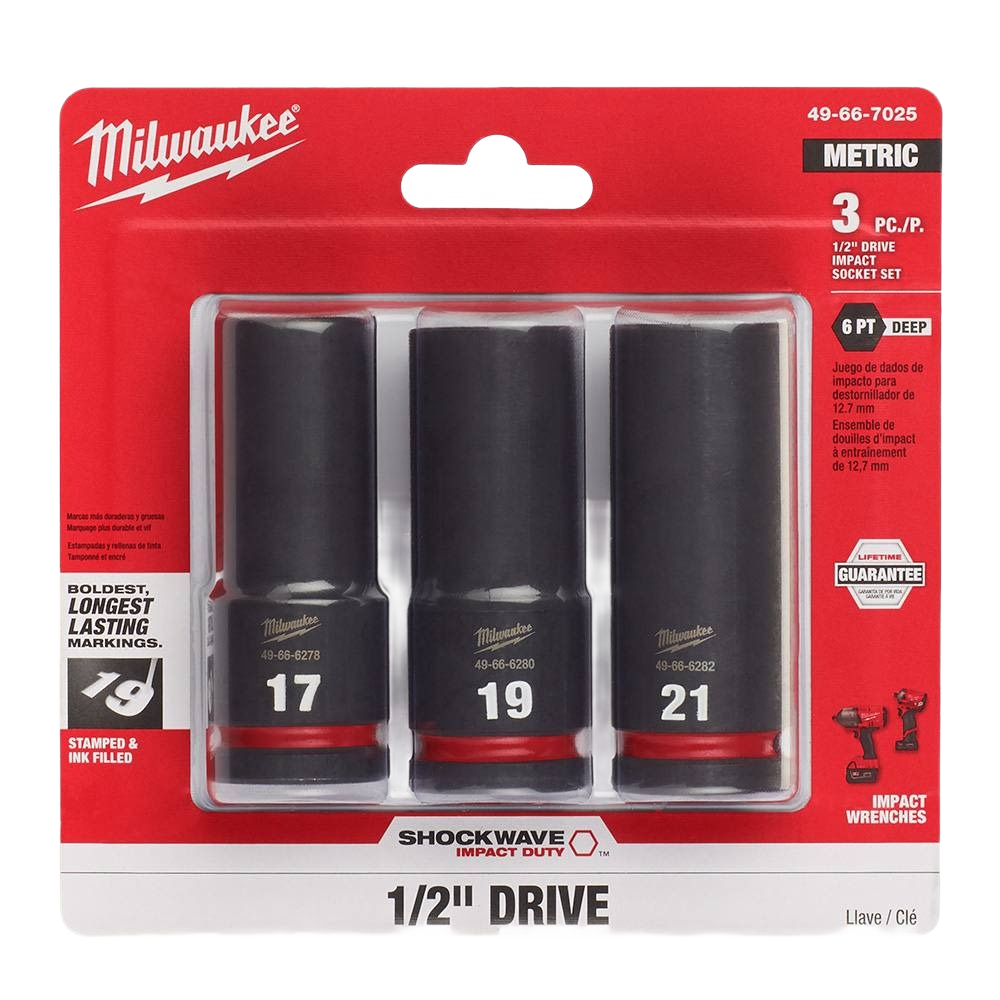 Three-piece metric deep 6 point sockets set with 1/2" drive impact design for hand tools and woodworking collections under $50