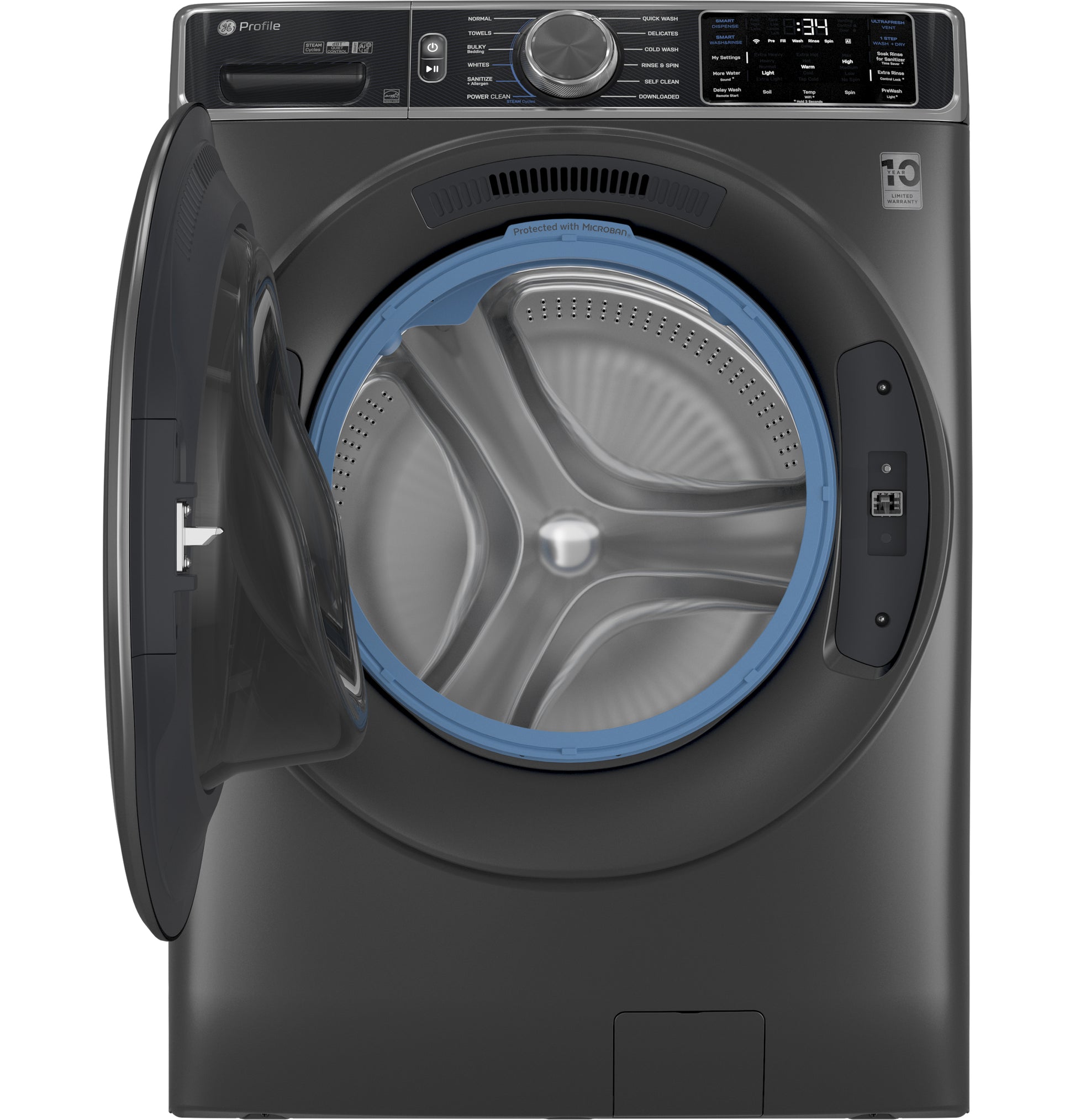 Dark gray smart front load washer with open door, digital display, and large drum in Washers & Dryers collection