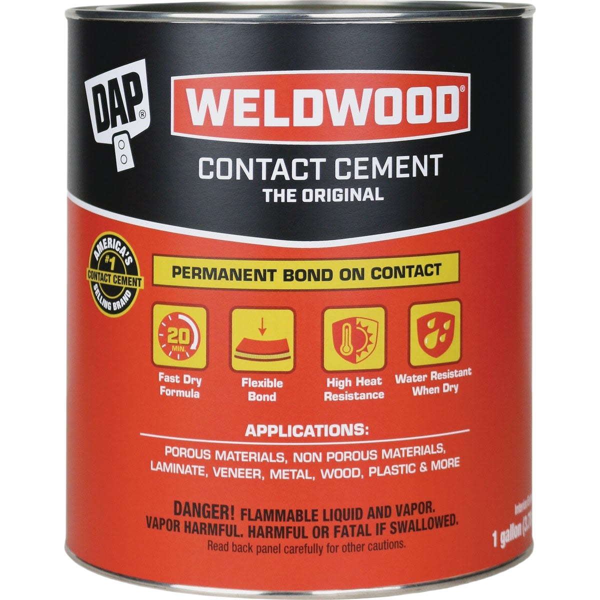 Red and black gallon container of Weldwood contact cement for home improvement projects requiring fast-drying, heat-resistant adhesive