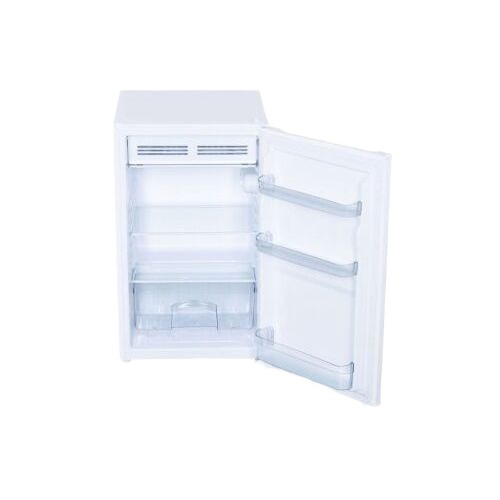 Compact white refrigerator with open door showing full-width freezer and adjustable shelves in kitchen appliances collection