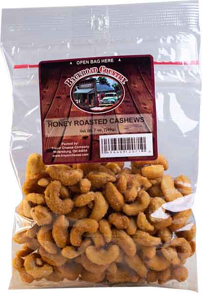 Clear resealable bag of honey roasted cashews with rustic label for snacks in Food & Beverage under $50 collection