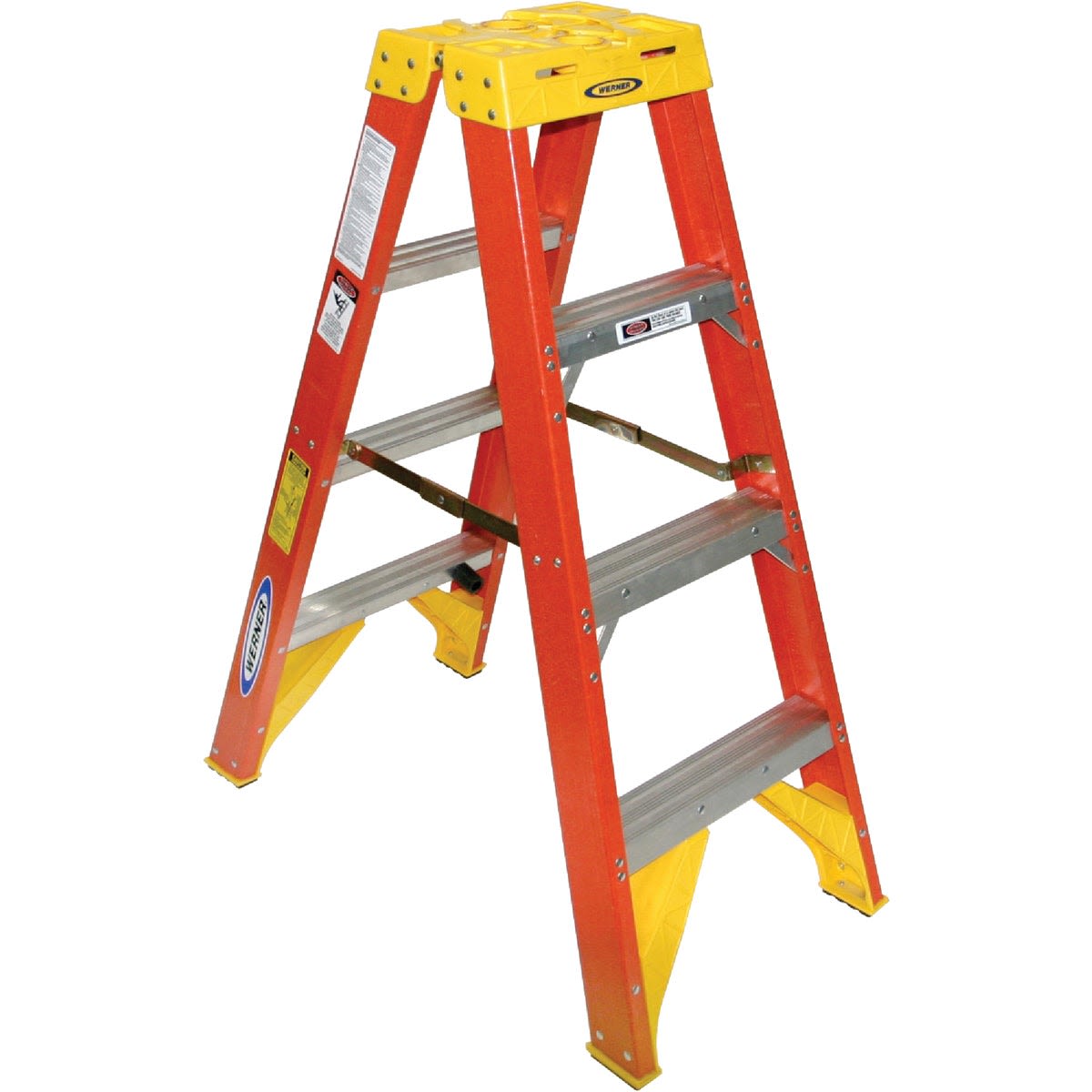 Orange fiberglass twin step ladder with yellow top platform and slip-resistant feet for tools and home improvement tasks