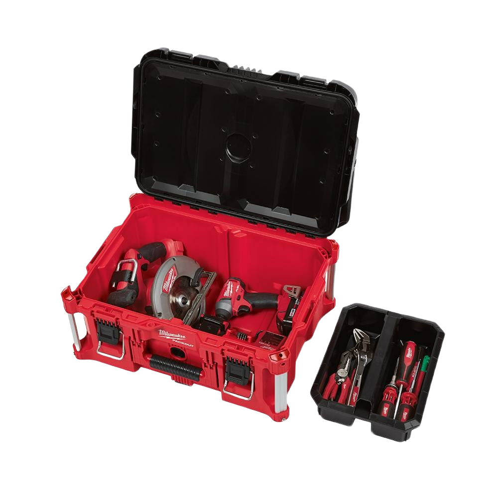 Red Milwaukee PACKOUT™ large toolbox with black lid and removable organizer tray holding various hand and power tools