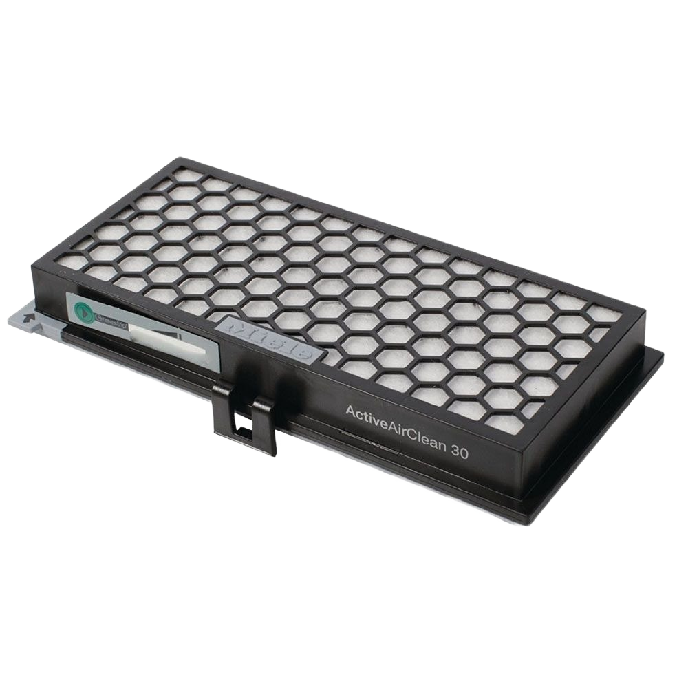 Rectangular black air filter with hexagonal grid pattern designed for improved air cleaning in home use