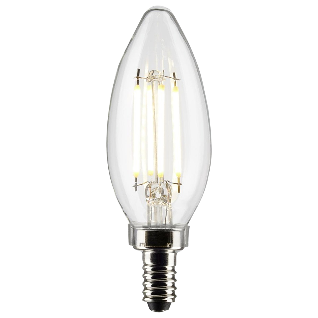 Clear LED filament bulb with candelabra base emitting neutral white light for energy-efficient home lighting