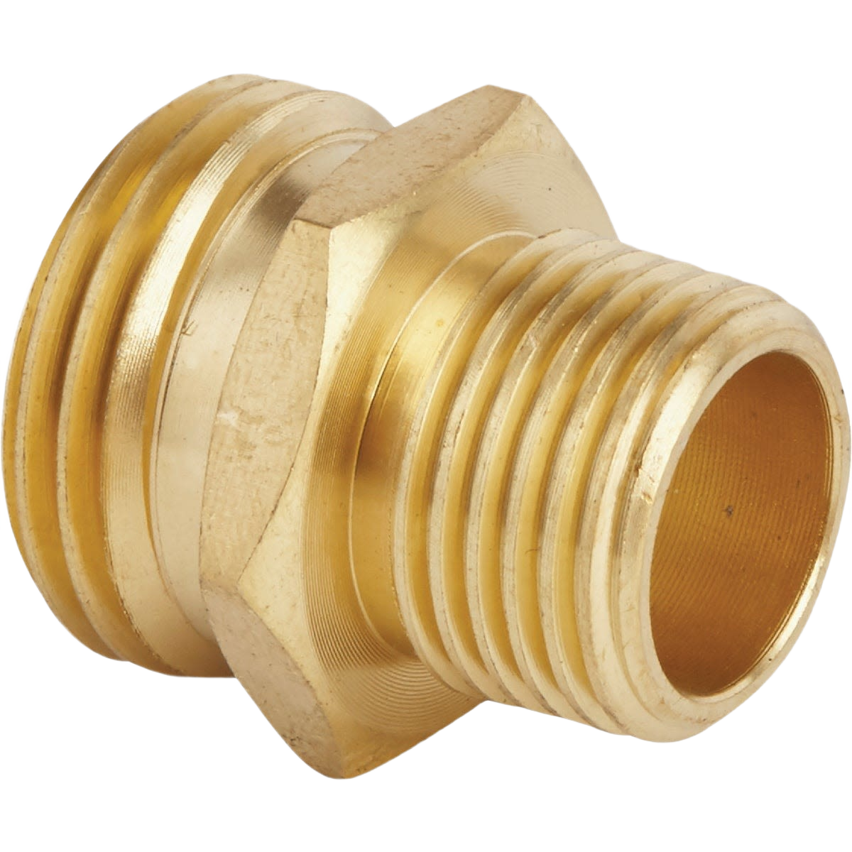Brass non-swivel hose connector with 3/4 inch MNH and 1/2 inch MNPT threads for watering and irrigation use