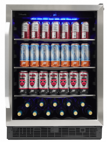Compact beverage center with stainless steel frame, glass door, multiple shelves stocked with drinks in Appliances collection