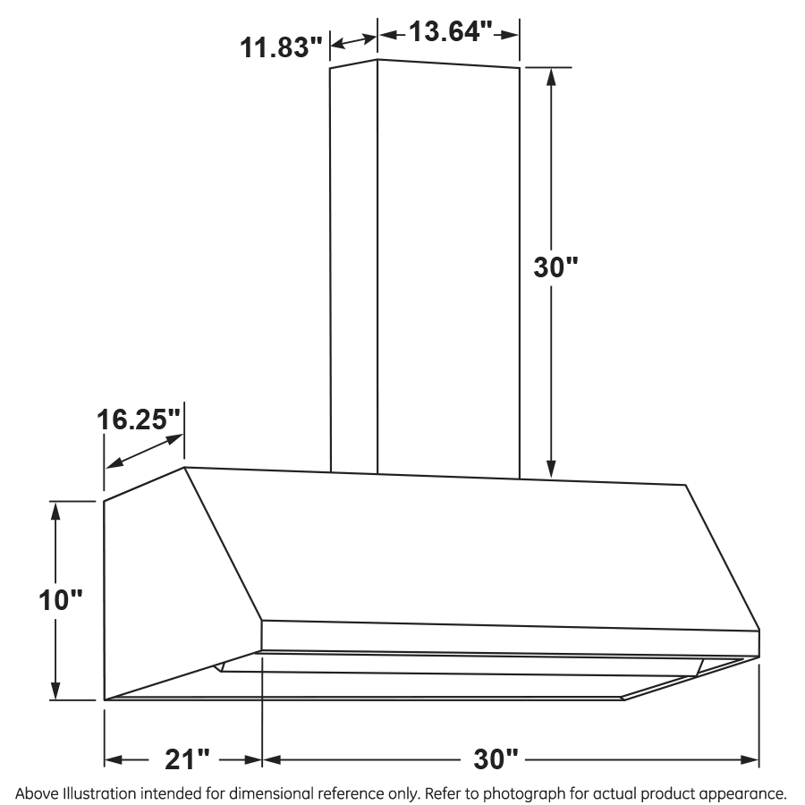 Line drawing of a 30-inch wall mount range hood with detailed dimensional measurements for kitchen appliances.