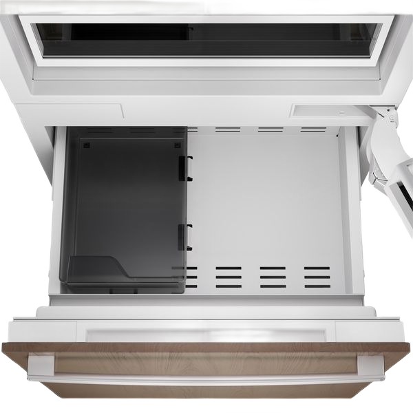 Open built-in bottom freezer drawer with wood panel and adjustable storage compartment in Bosch refrigerators collection