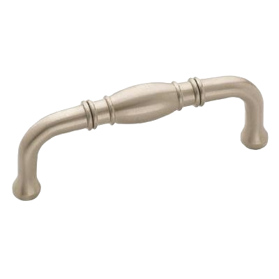 Satin nickel cabinet pull with classic decorative center and curved ends for home improvement projects