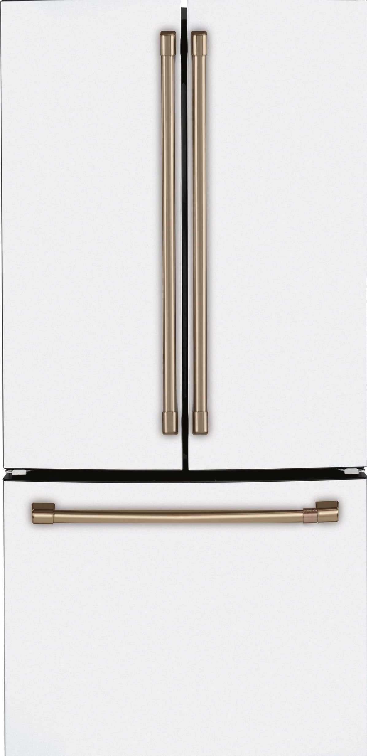 White counter-depth French-door refrigerator with bronze handles and bottom freezer, part of kitchen appliances collection