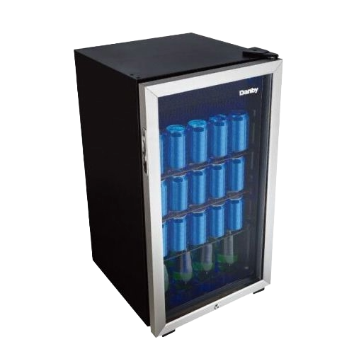 Compact beverage fridge with tempered glass door, wire shelving, and multiple blue drink cans inside from appliance collection