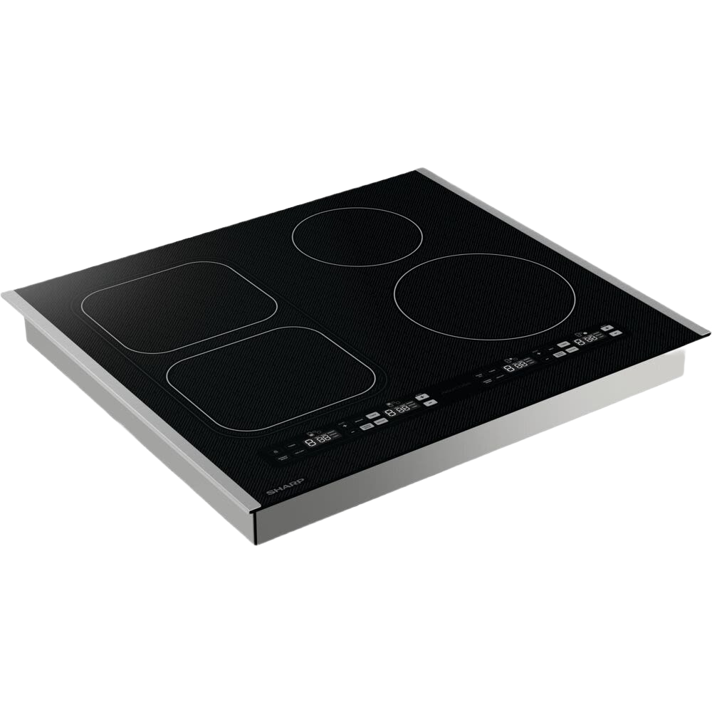 Black 24-inch induction cooktop with four heating zones and digital touch controls in kitchen appliances collection