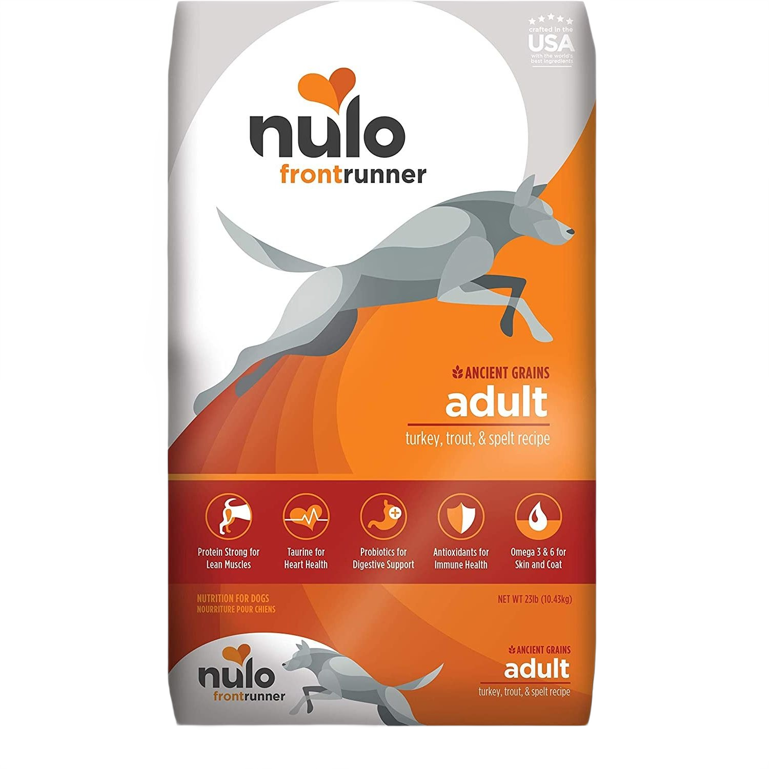 Bag of Nulo Frontrunner dry dog food with turkey, trout, and spelt recipe for adult dogs, 23 pounds