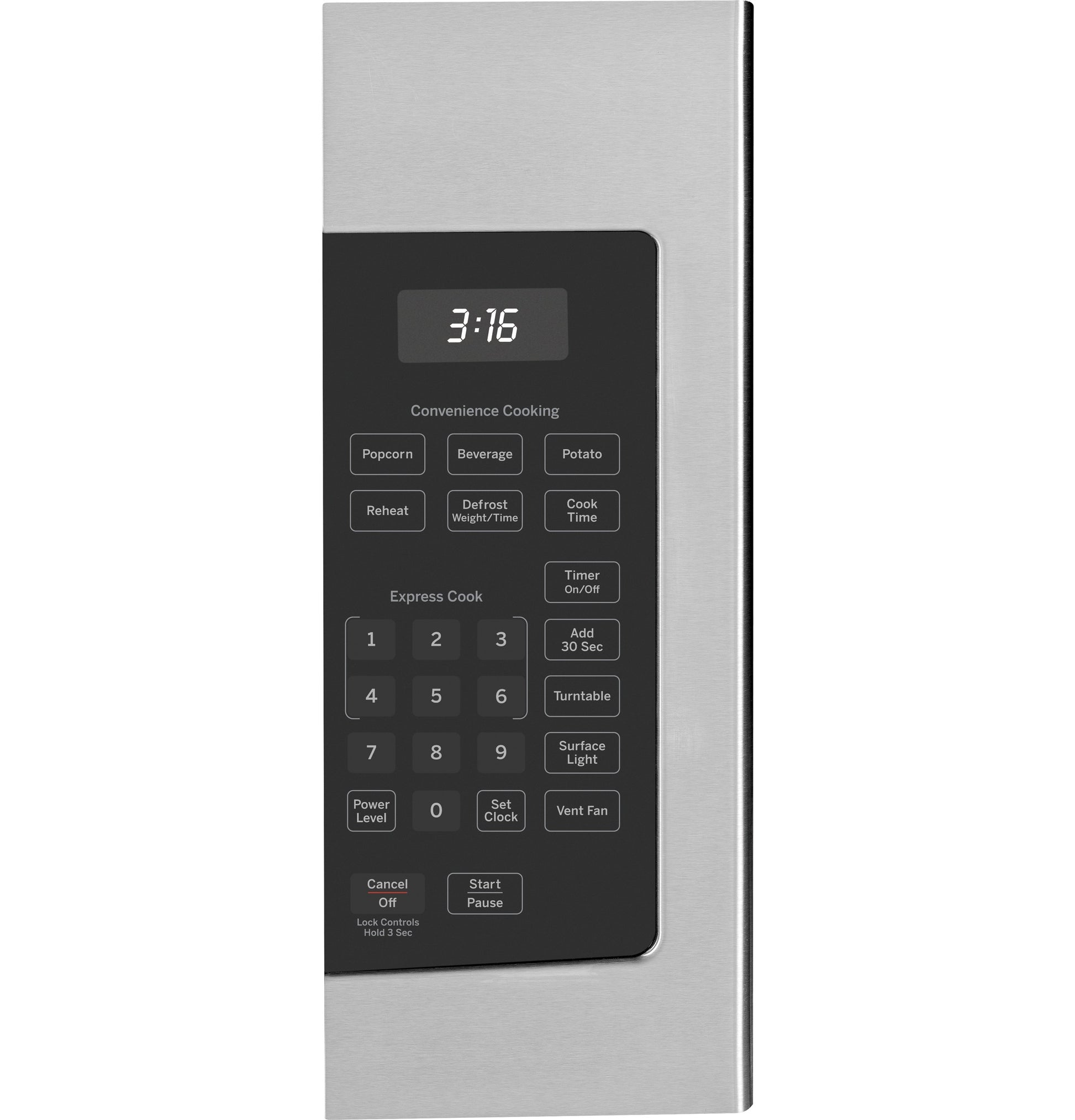 Close-up of stainless steel microwave control panel with digital clock and preset cooking buttons for Kitchen & Kitchenware collection