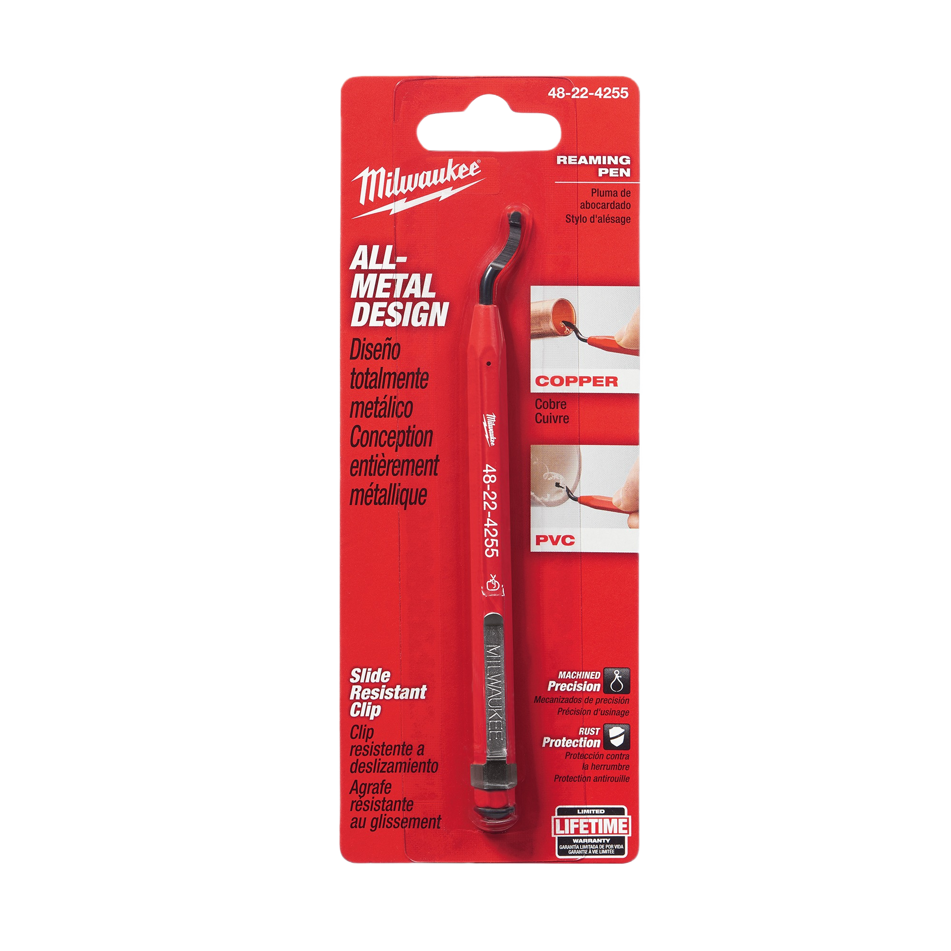 Red all-metal reaming pen with curved tip and slide-resistant clip for precision work on copper and PVC in home improvement tasks