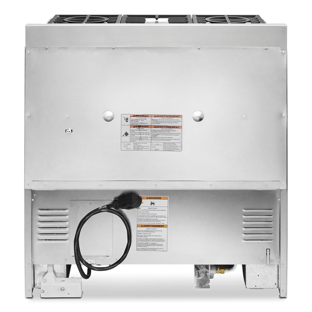 rear view of stainless steel commercial-style gas range with power cord and ventilation vents in appliances collection