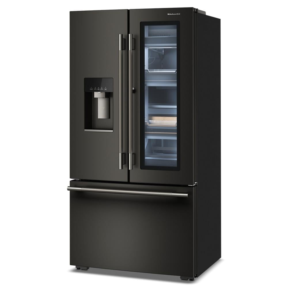 Angled view of a black counter-depth French door refrigerator featuring a clear door-in-door panel, internal LED lighting, water dispenser, and bottom freezer, part of Refrigerators, French Door Refrigerators, Kitchen & Kitchenware, All Products, KitchenAid, and Appliances collections.