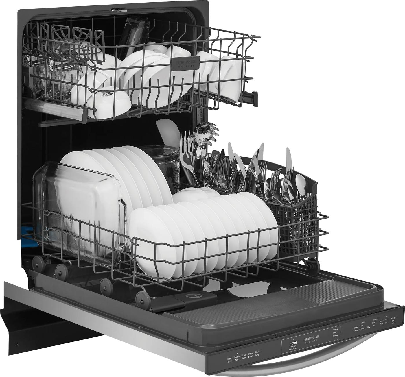 Open black built-in dishwasher with two racks loaded with dishes and utensils, part of kitchen appliances collection