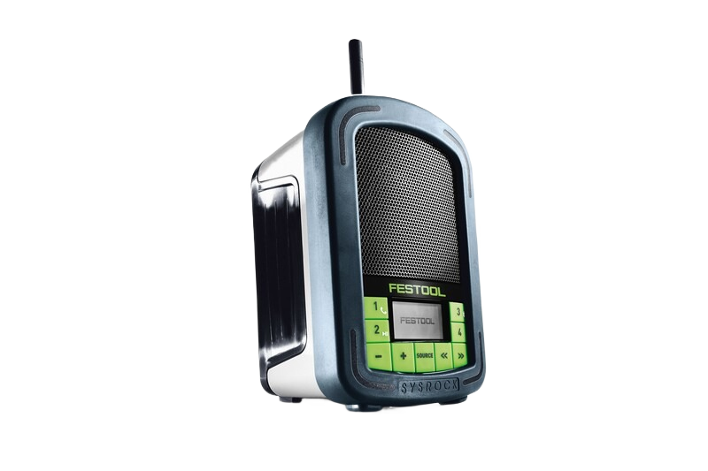 Compact jobsite radio with green control buttons and black speaker grille designed for tools and home improvement use