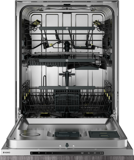Open stainless steel dishwasher interior with adjustable racks and spray arms for kitchen and home improvement use