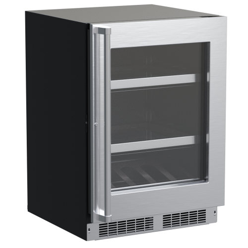 24-inch built-in beverage center with stainless steel frame, glass door, adjustable glass shelves, and reversible hinge in appliances collection