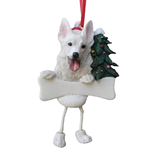 White German Shepherd Christmas ornament with dangling legs holding a bone and festive decorated tree under $50 collection