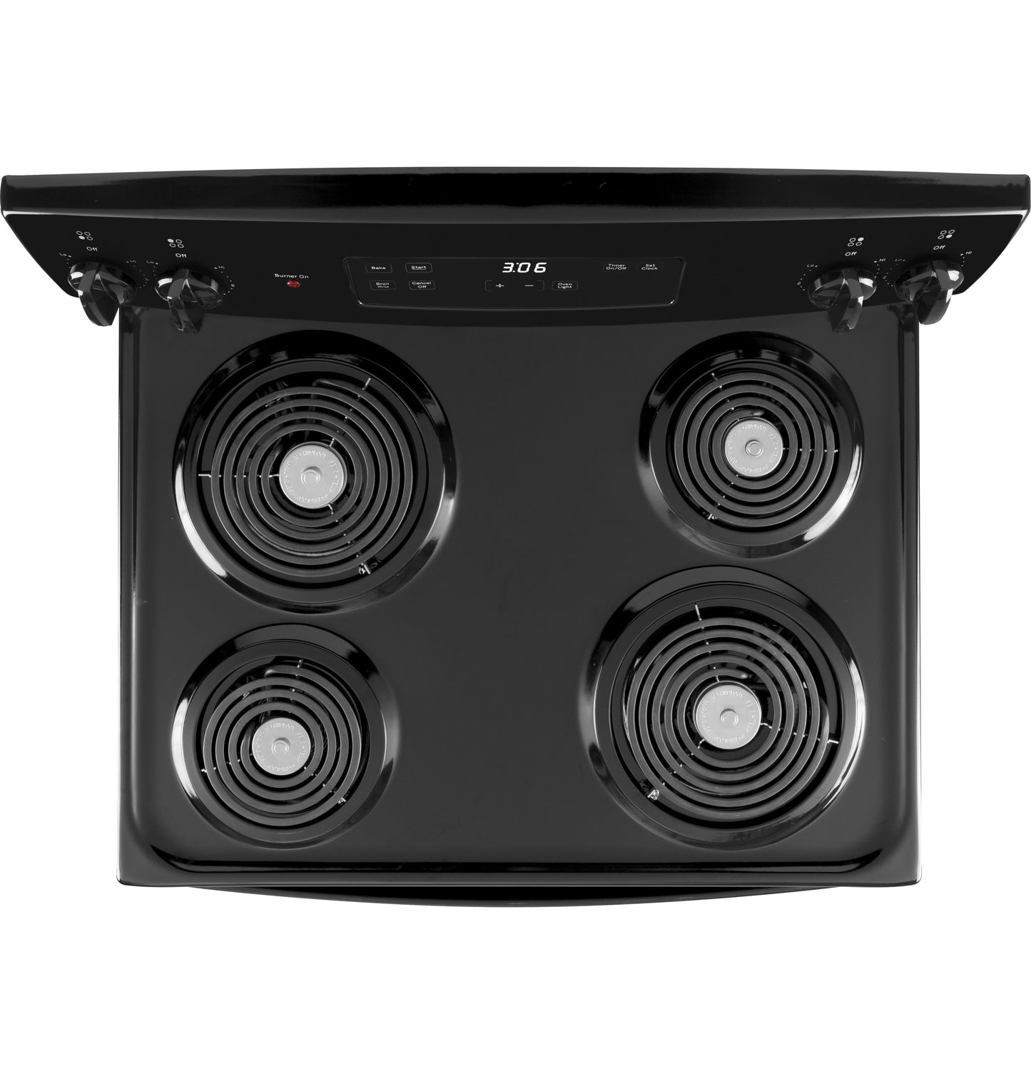 Top view of black electric range with four coil burners and control knobs on the backsplash panel in appliance collection