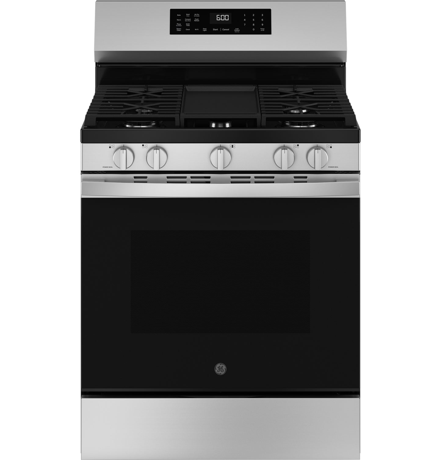 Stainless steel 30-inch gas convection range with five burners and digital control panel in kitchen appliances collection