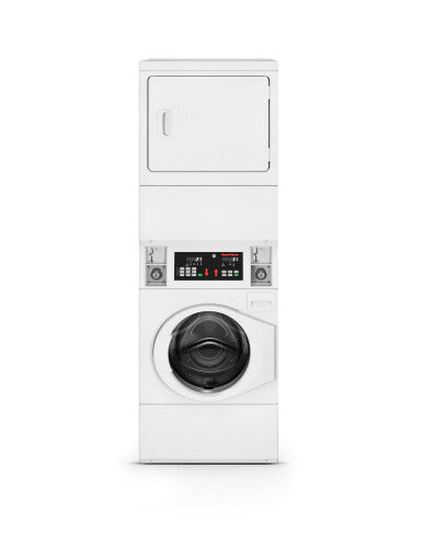 White stack washer-dryer combo with coin drop controls in Appliance laundry centers and Washers & Dryers collections