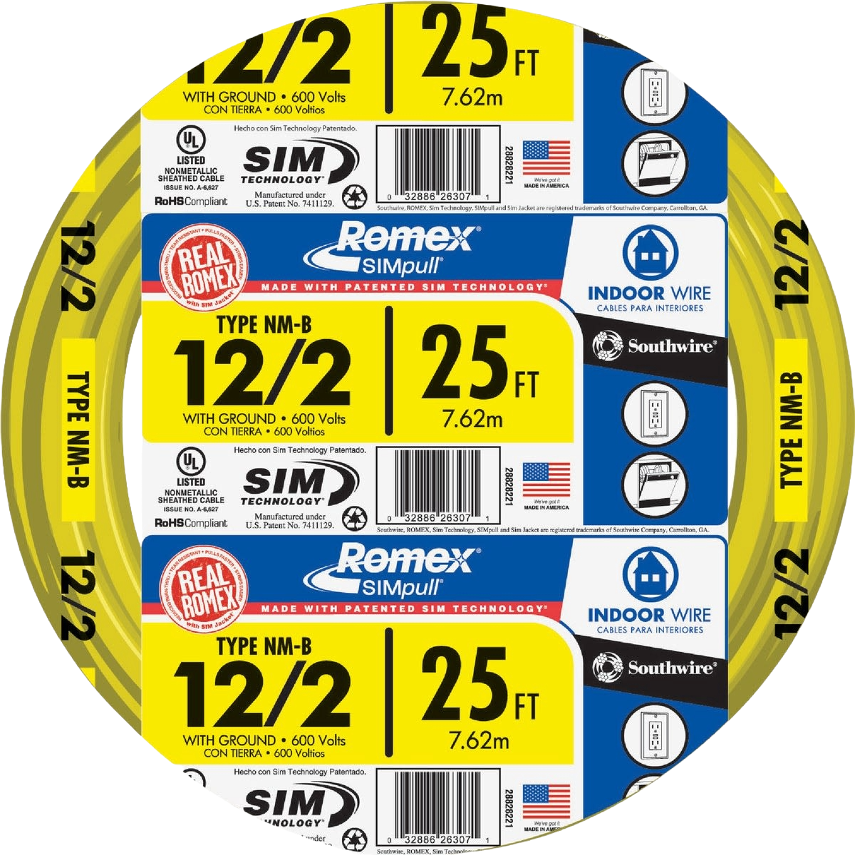 Coiled yellow 25 ft. solid electrical wire labeled for indoor use in residential and commercial wiring projects.