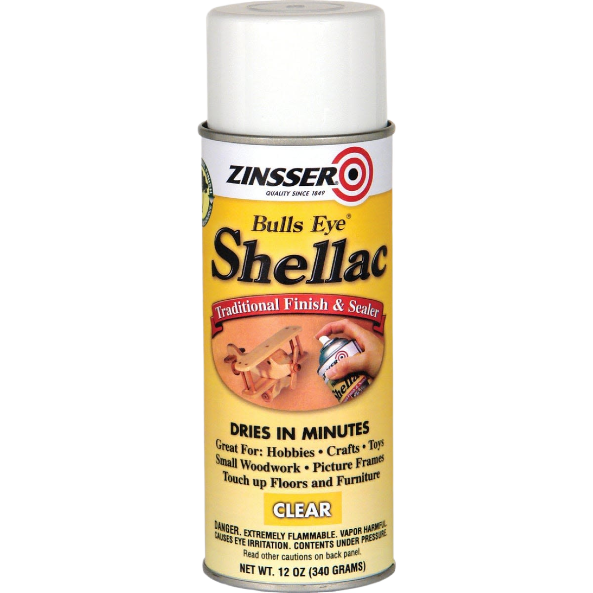 Spray can of clear shellac sealer for hobbies, crafts, small woodwork, and furniture finishing in paint supplies collection