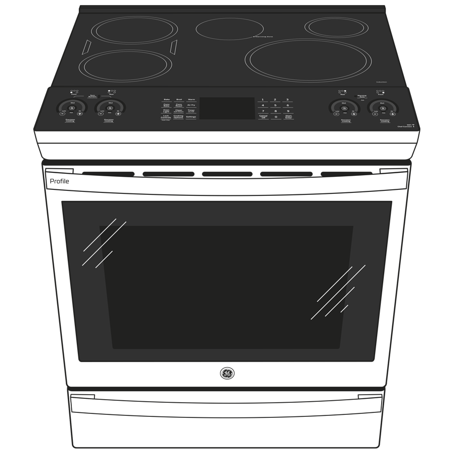Front view illustration of GE Profile fingerprint resistant induction cooktop and convection oven with digital controls.