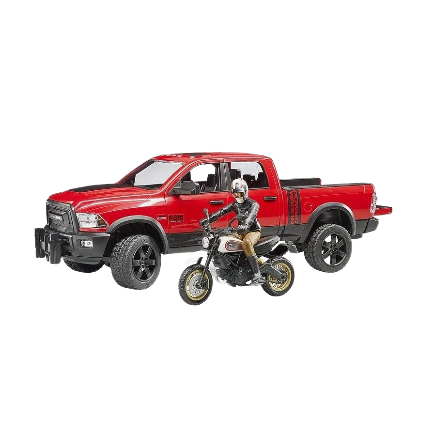 Red Bruder RAM 2500 toy truck with detailed Ducati Desert Sled motorcycle and rider figure for imaginative play scenes