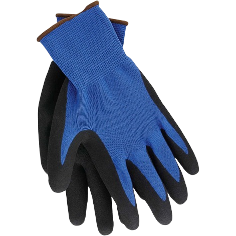 Pair of XL blue grip gloves with black latex coating designed for home improvement and tool use tasks