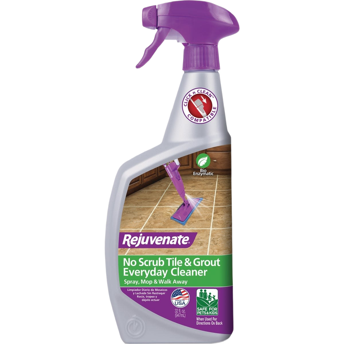Purple spray bottle of bio-enzymatic tile and grout cleaner for everyday use in cleaning supplies and home improvement.