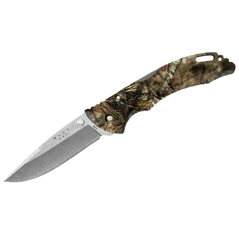 Folding knife with camo handle and drop-point steel blade for versatile cutting tasks in woodworking and outdoor use