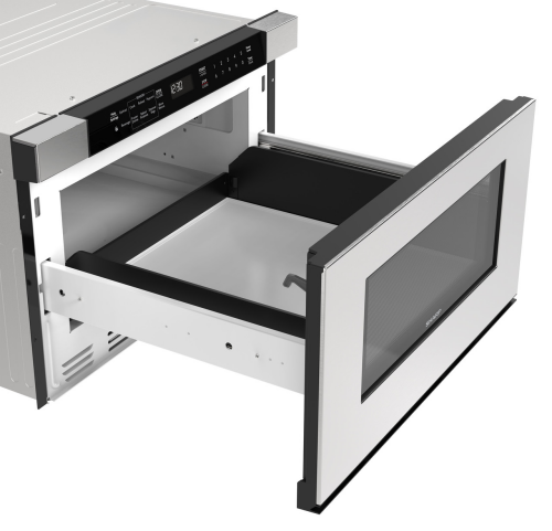 Built-in stainless steel microwave drawer with angled touch controls and open sliding drawer in appliance collection
