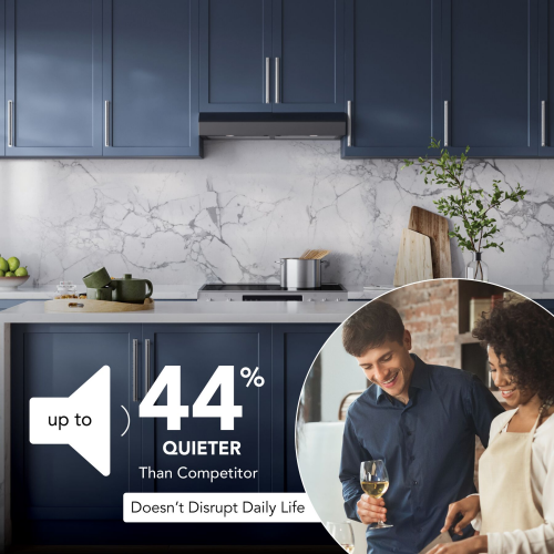 Modern kitchen with blue cabinets, marble backsplash, under cabinet range hood, and inset of people cooking, highlighting quiet operation for home improvement and kitchenware collections.