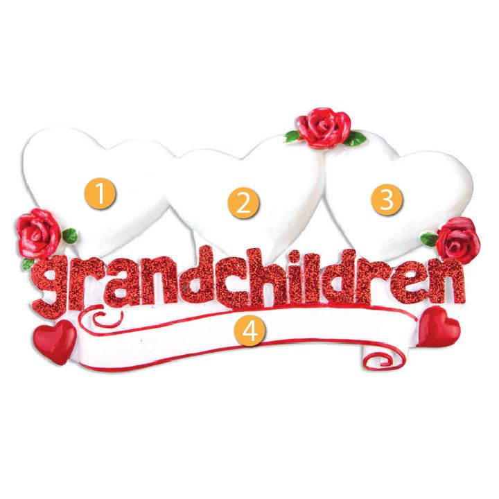 Personalized grandchildren ornament with three white hearts, red glitter text, roses, and hearts, Christmas decoration under $50 collection
